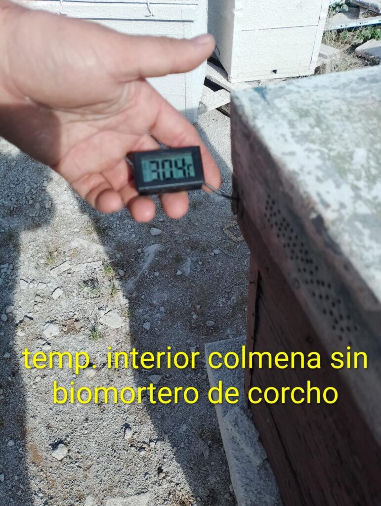 Termómetro digital que muestra una temperatura de 30.4 °C en el interior de una colmena sin biomortero de corcho, reflejando menor aislamiento térmico.